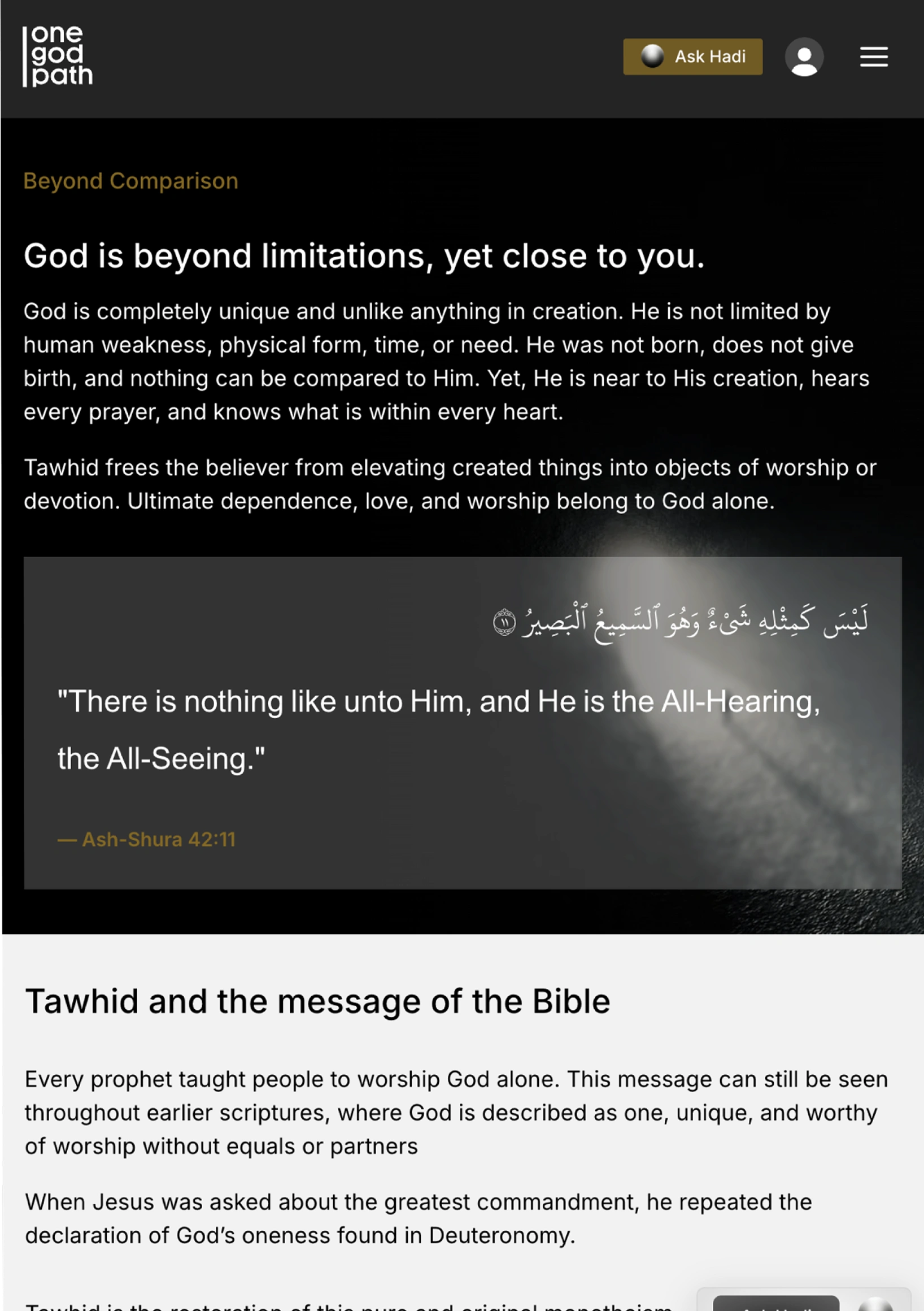 An article screen headed Beyond Comparison, reading God is beyond limitations, yet close to you.