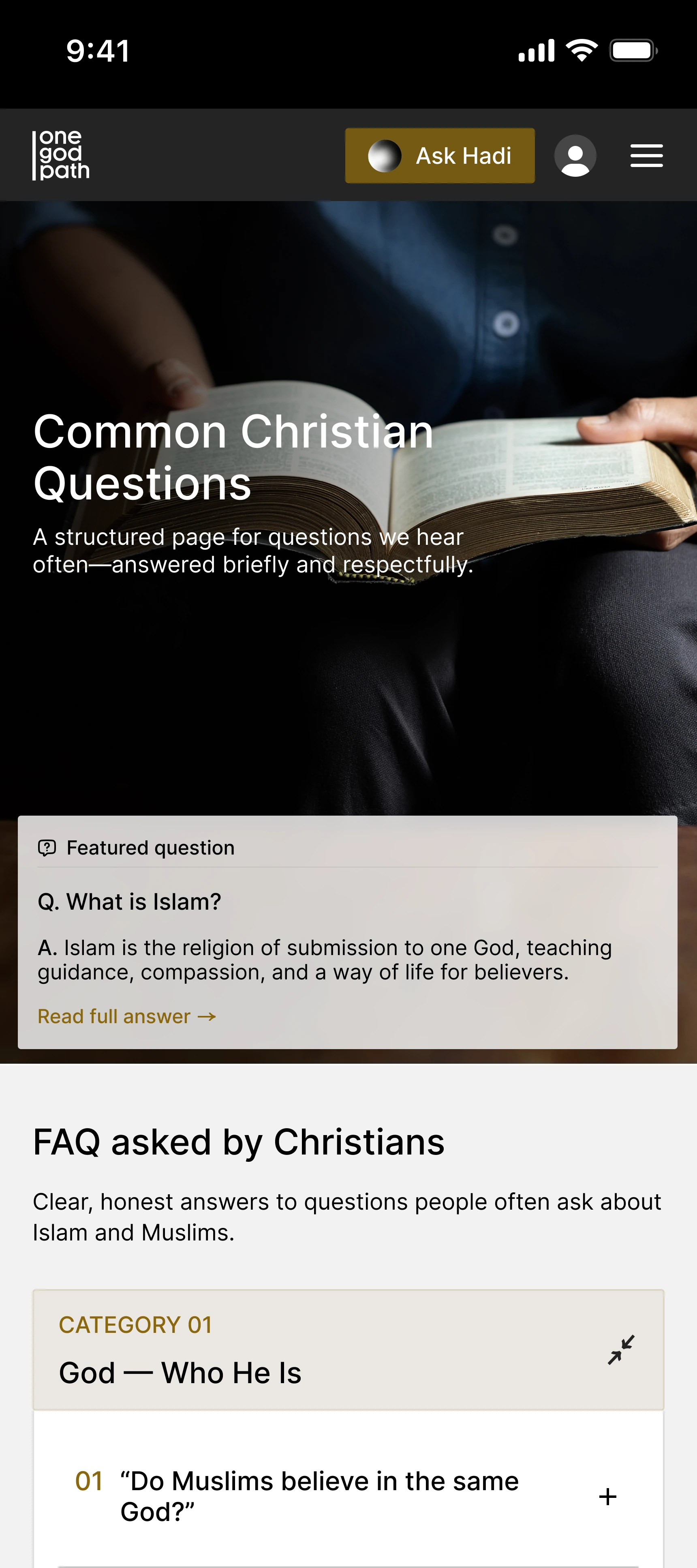 An article screen headed Common Christian Questions, an FAQ asked by Christians.