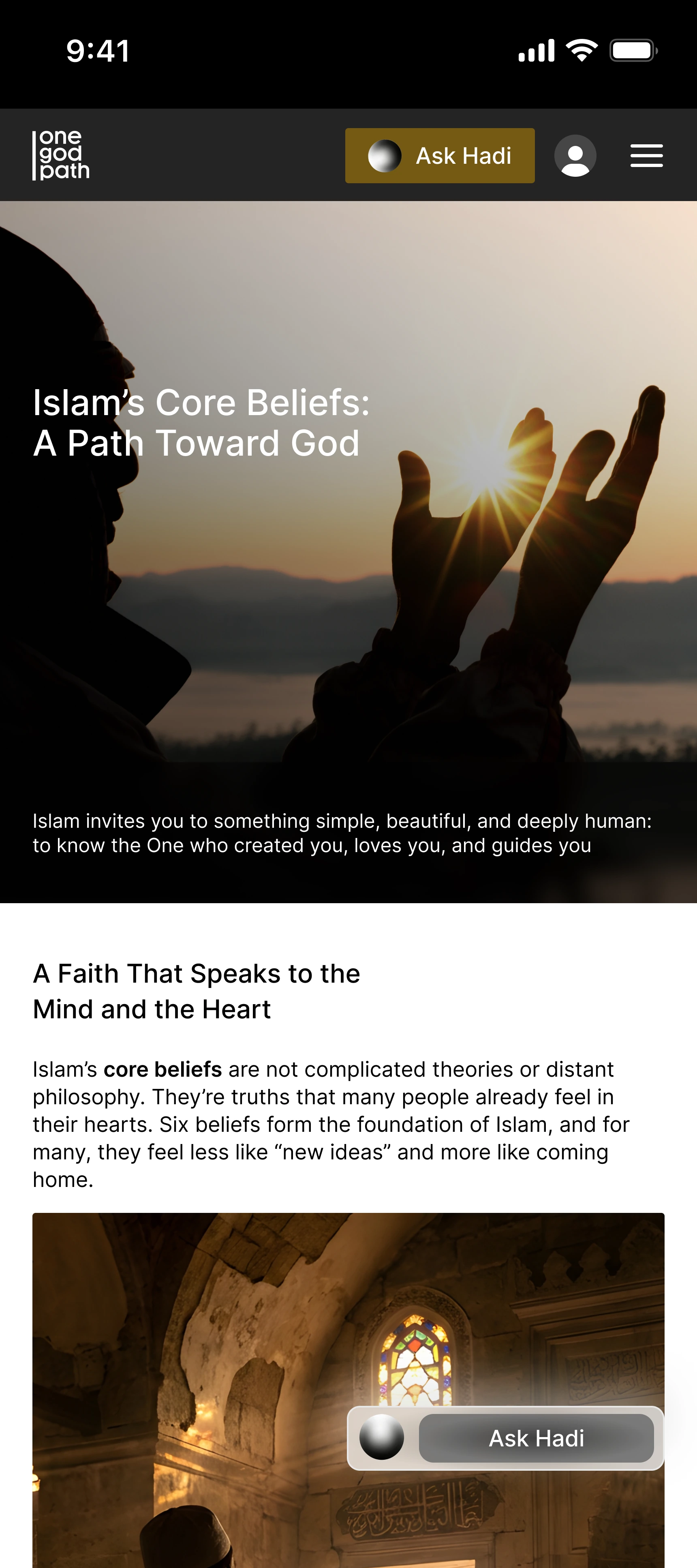 An article screen headed Islam's Core Beliefs: A Path Toward God.