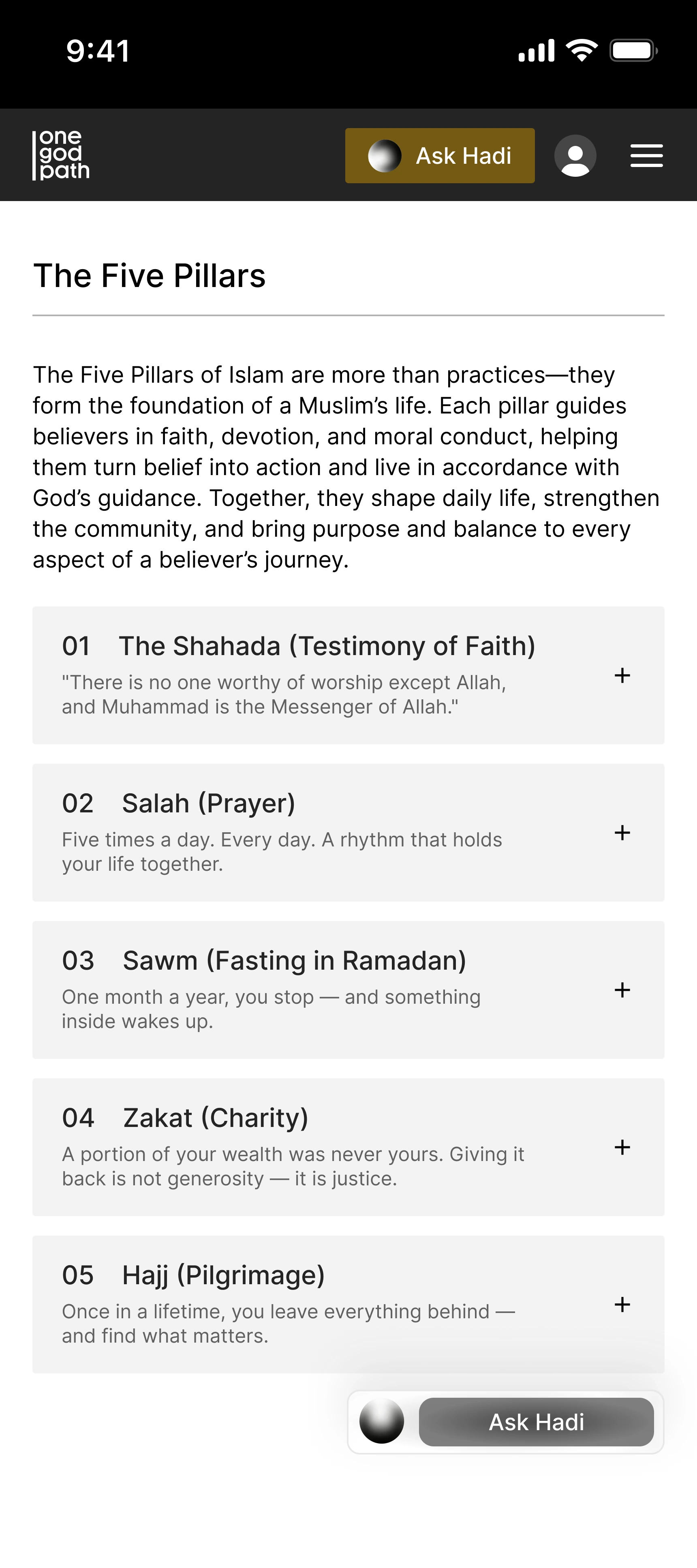 An article screen listing the Five Pillars of Islam.