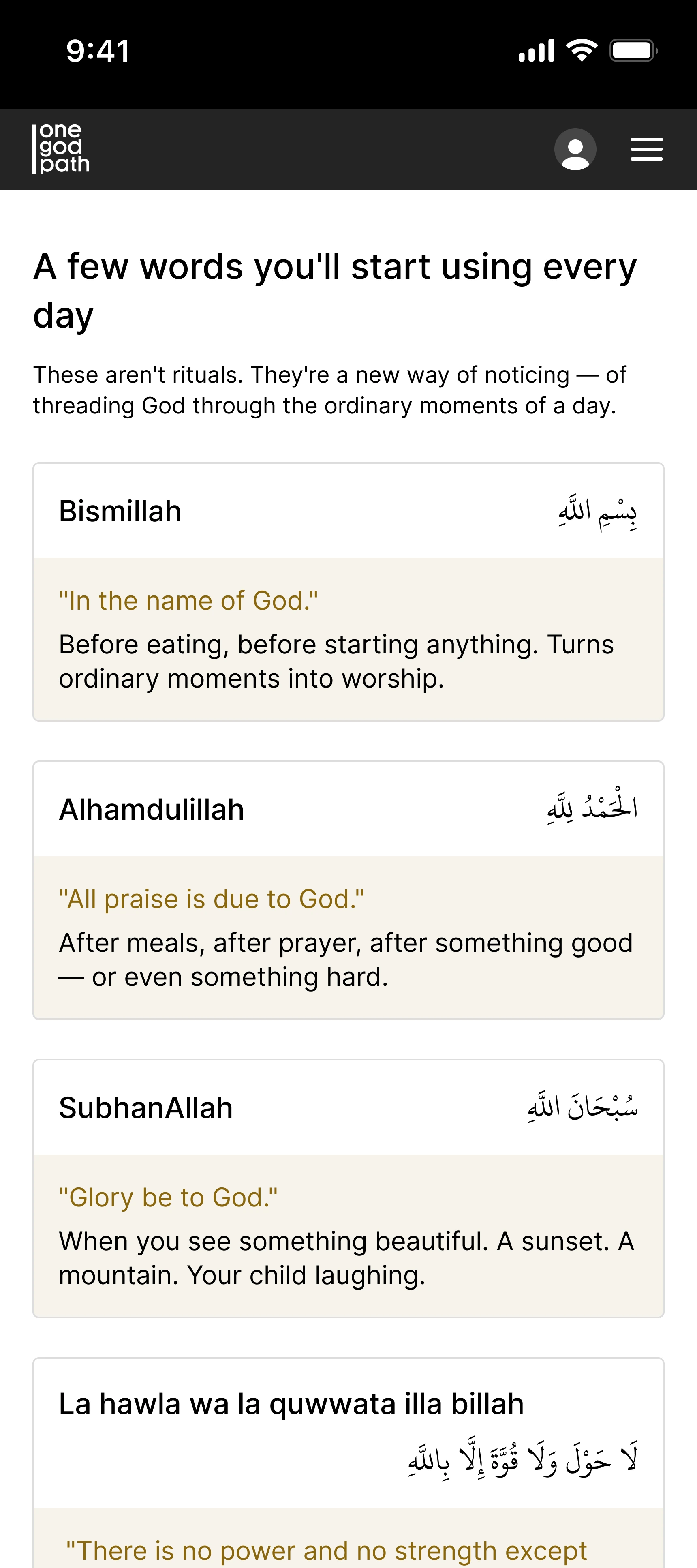 A glossary screen headed A few words you'll start using every day.