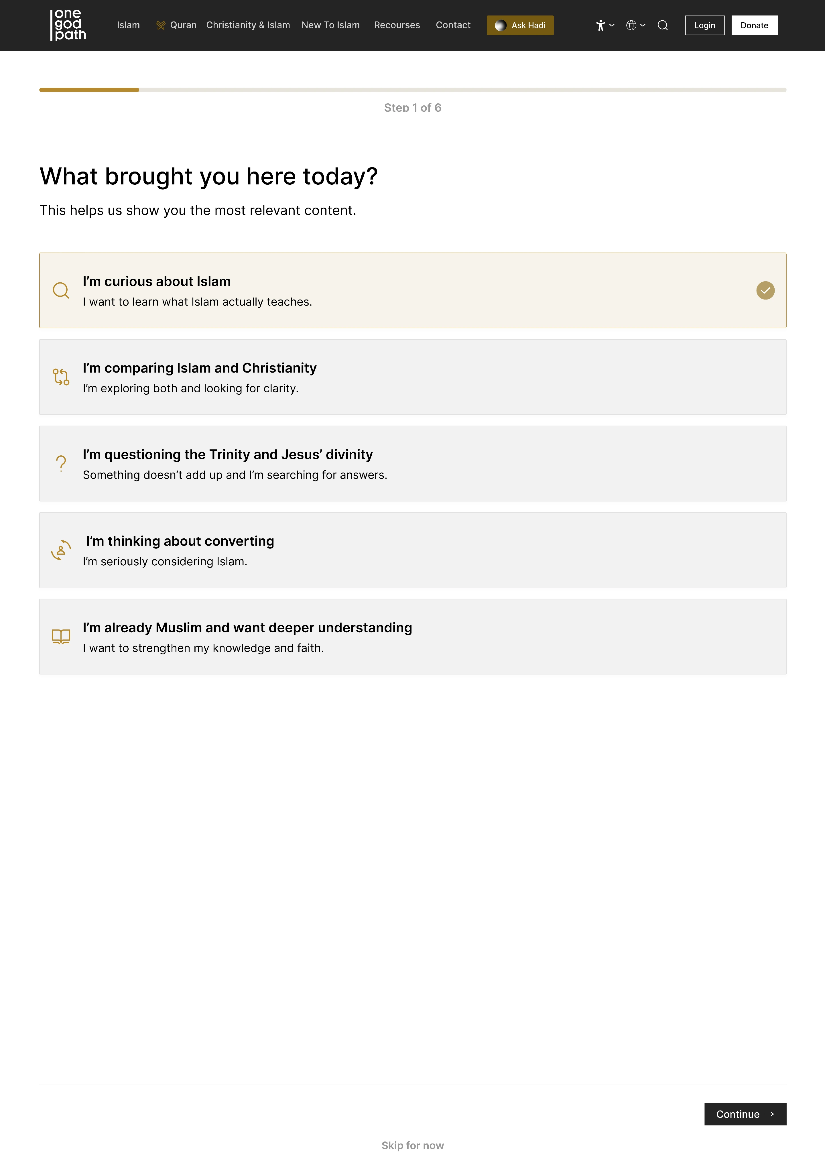 An onboarding screen asking What brought you here today? with a checklist that includes I'm curious about Islam.