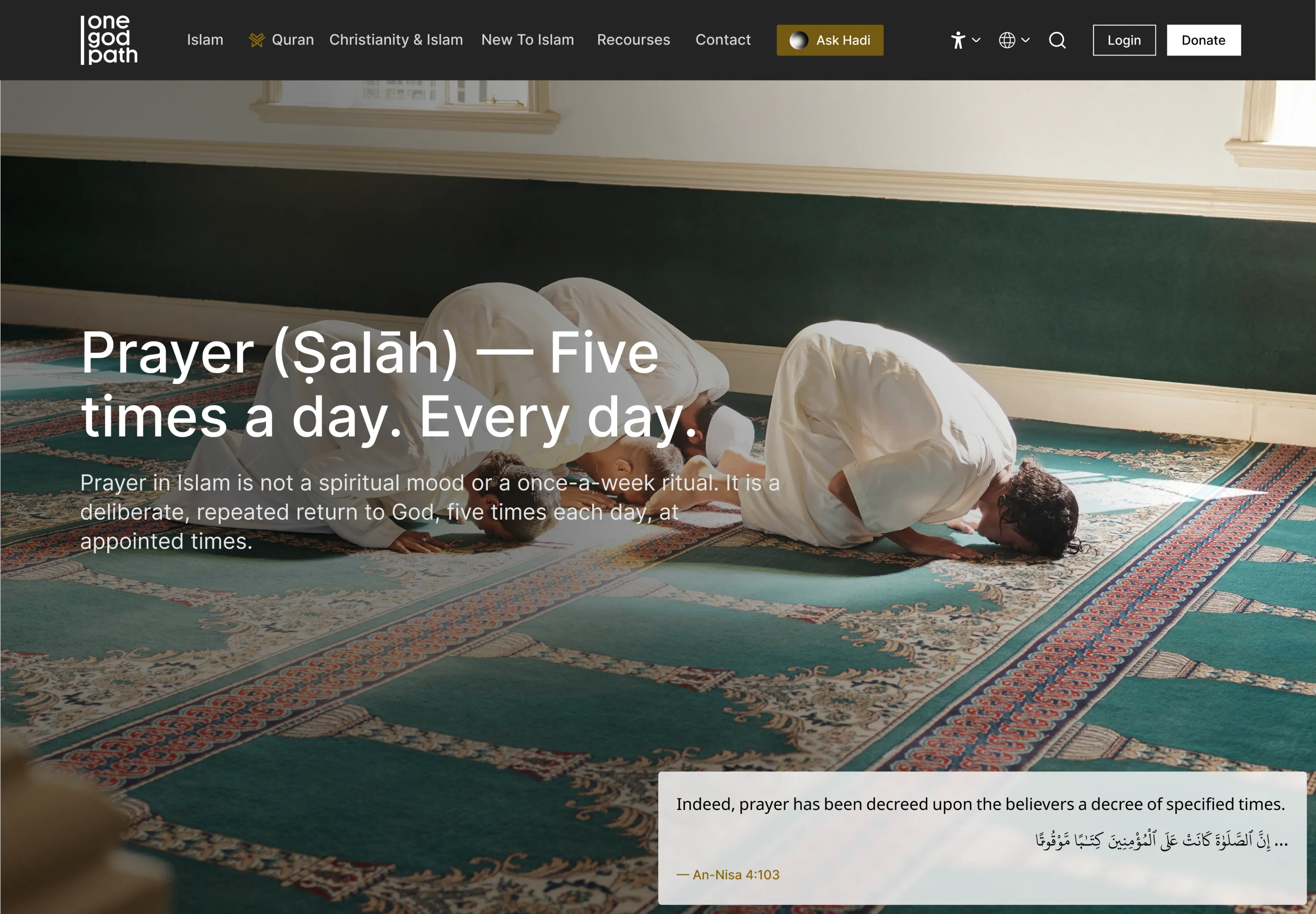 A daily prayer-times screen headed Prayer (Salah), five times a day, every day.