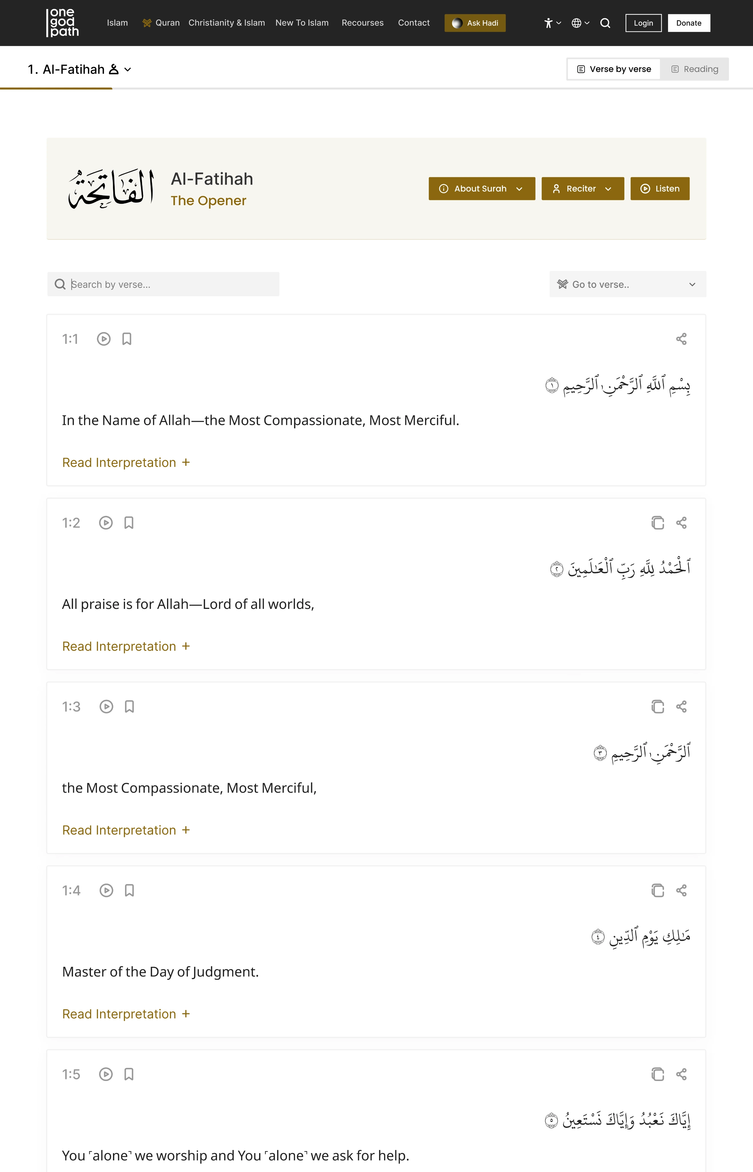 The Al-Fatihah reader in verse-by-verse mode on desktop: a surah header card, a search and go-to-verse row, then a stack of per-ayah cards each carrying Arabic, an English translation and a Read Interpretation link.