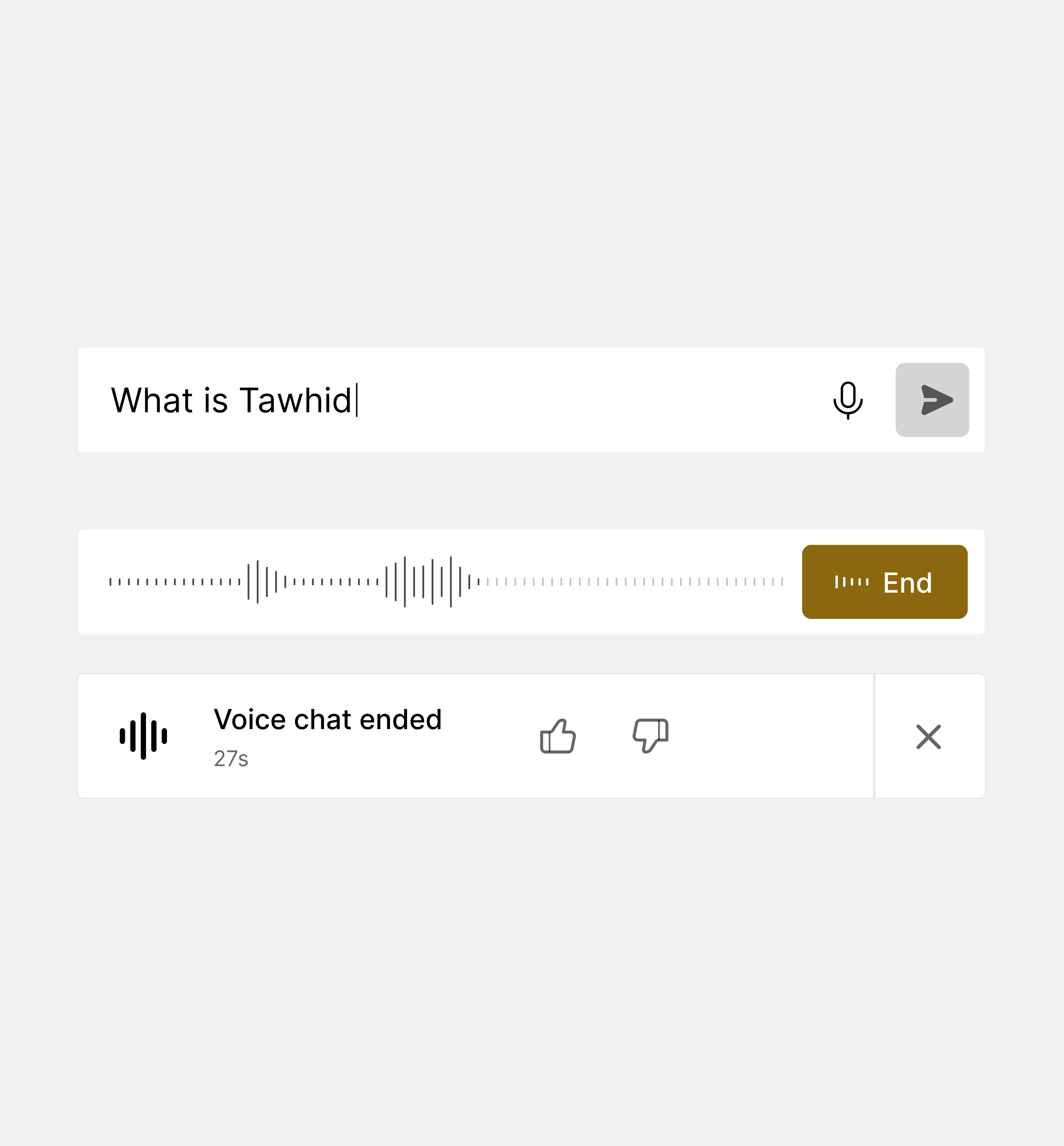 A light panel stacking three Hadi input states: a typed prompt, a live voice waveform with an End button, and the ended-call summary.
