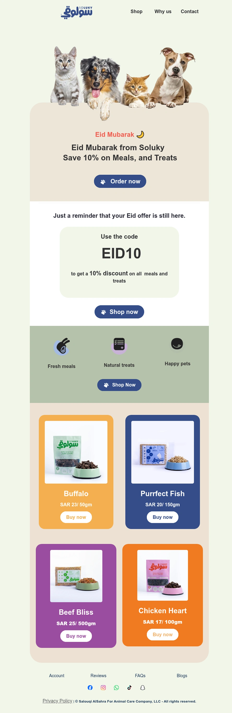 Soluky — Eid promotion email with EID10 code A Soluky Eid promotion email with a red “Eid Mubarak” masthead over a hero strip of two cats and two dogs under “Save 10% on Meals, and Treats”, a pale-green box holding the discount code EID10 above the line “to get a 10% discount on all meals and treats”, and a two-by-two grid of product cards for Buffalo, Purrfect Fish, Beef Bliss and Chicken Heart, each with a Buy now button.