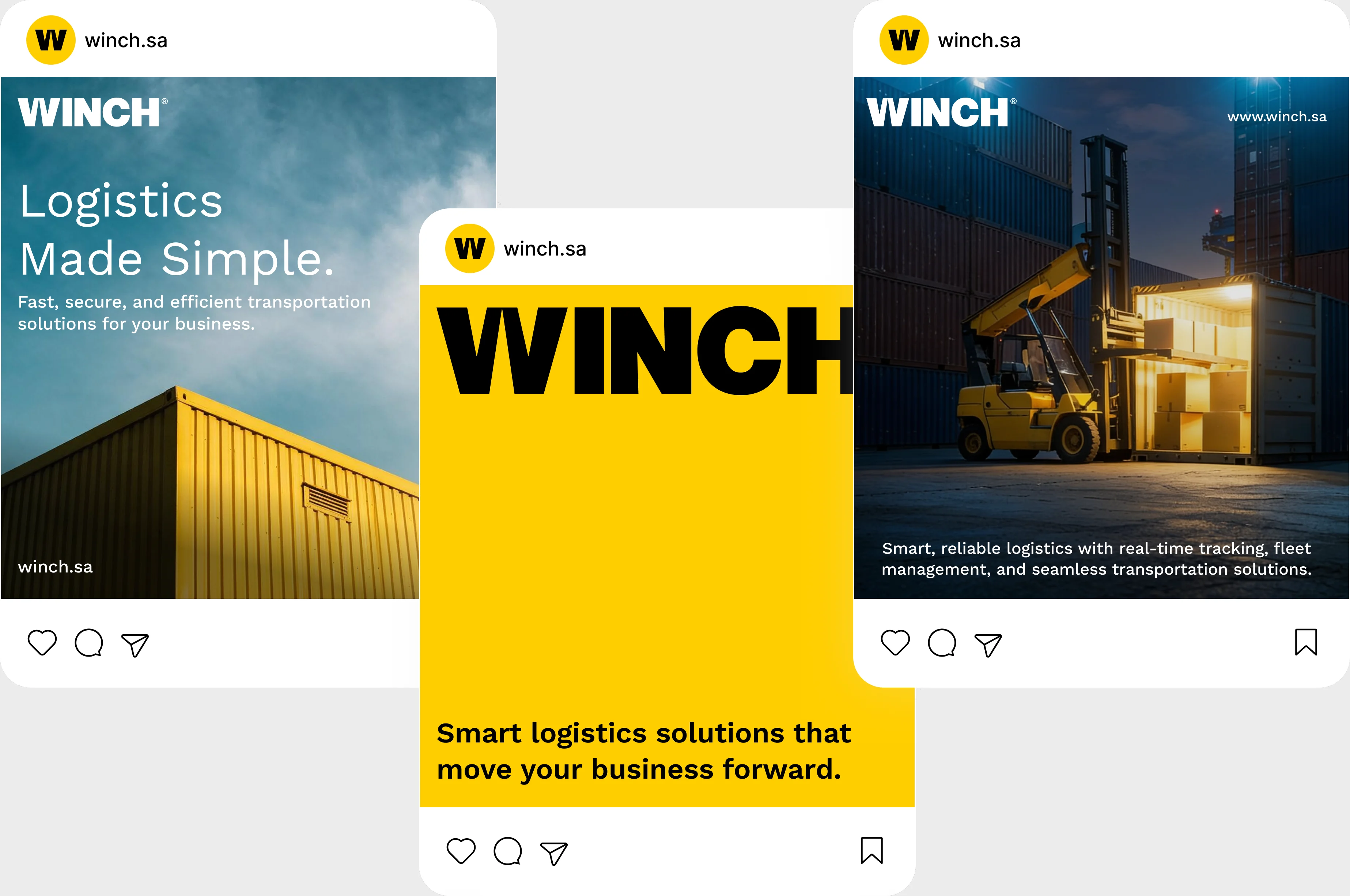 Three overlapping Instagram post mockups from the winch.sa account: one headed Logistics Made Simple, one yellow post carrying an oversized black WINCH wordmark, and a night-time forklift post, each with its avatar, handle and engagement icons.