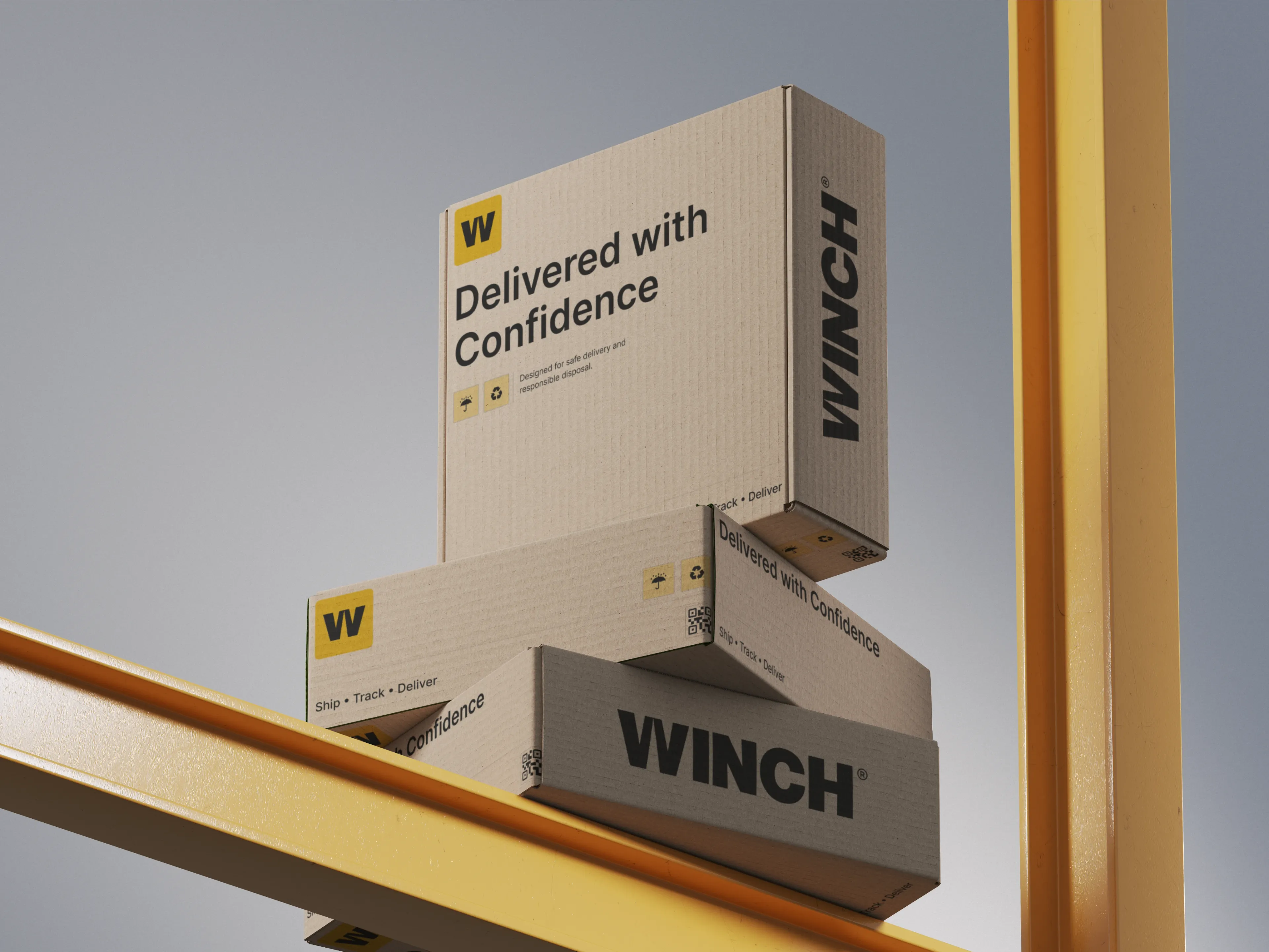 Three stacked kraft cartons printed with yellow W marks, black WINCH wordmarks and the line Delivered with Confidence, balanced on a yellow beam against a pale sky.