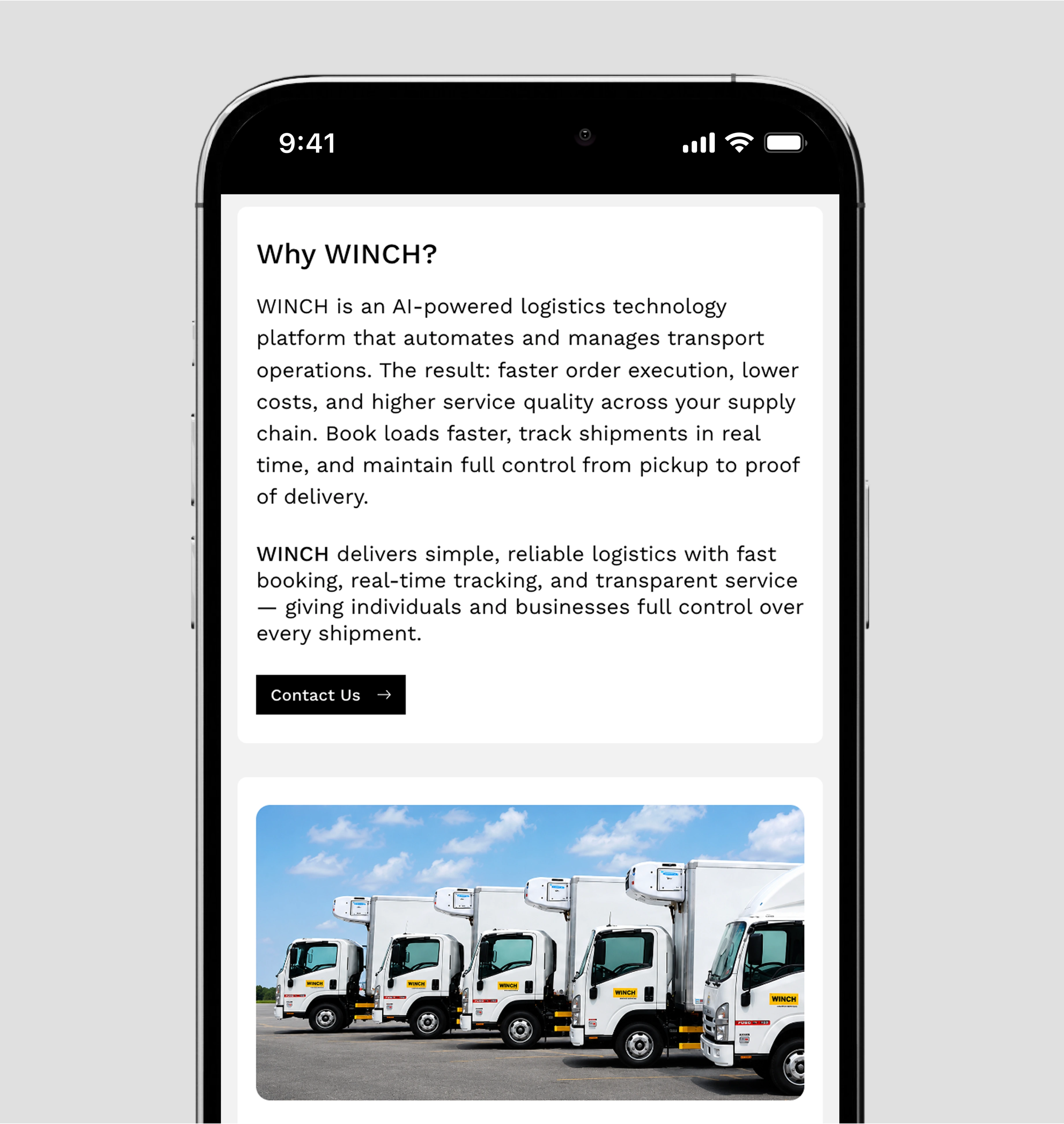 A black-framed phone on a grey ground showing the mobile Why WINCH? screen, with two paragraphs about an AI-powered logistics platform, a black Contact Us button and a photograph of five white WINCH box trucks under a blue sky.
