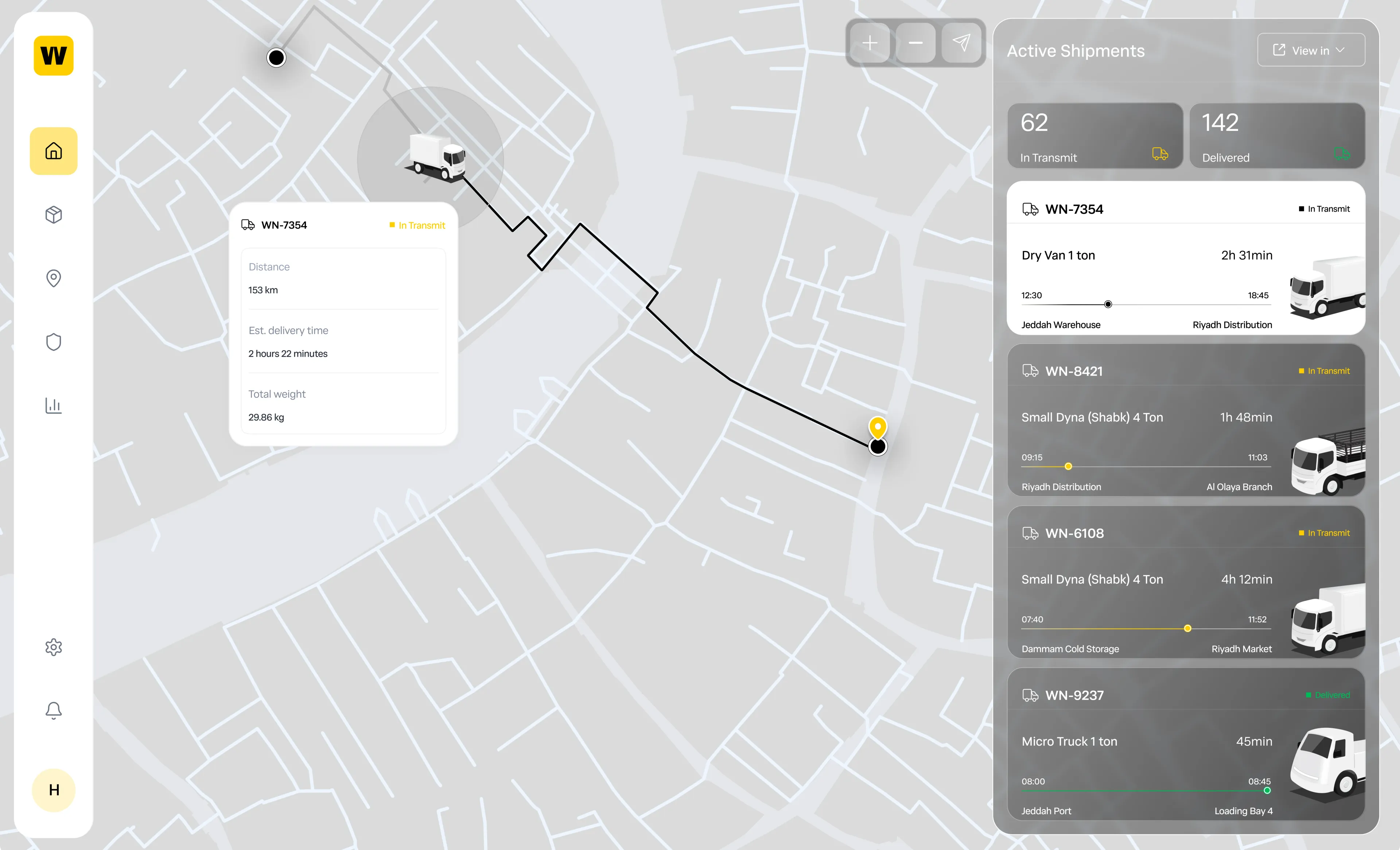 The WINCH shipment-tracking console, showing a street map with a plotted delivery route and a truck marker beside a floating card for shipment WN-7354, and an Active Shipments panel listing 62 in transit and 142 delivered above four shipment rows.
