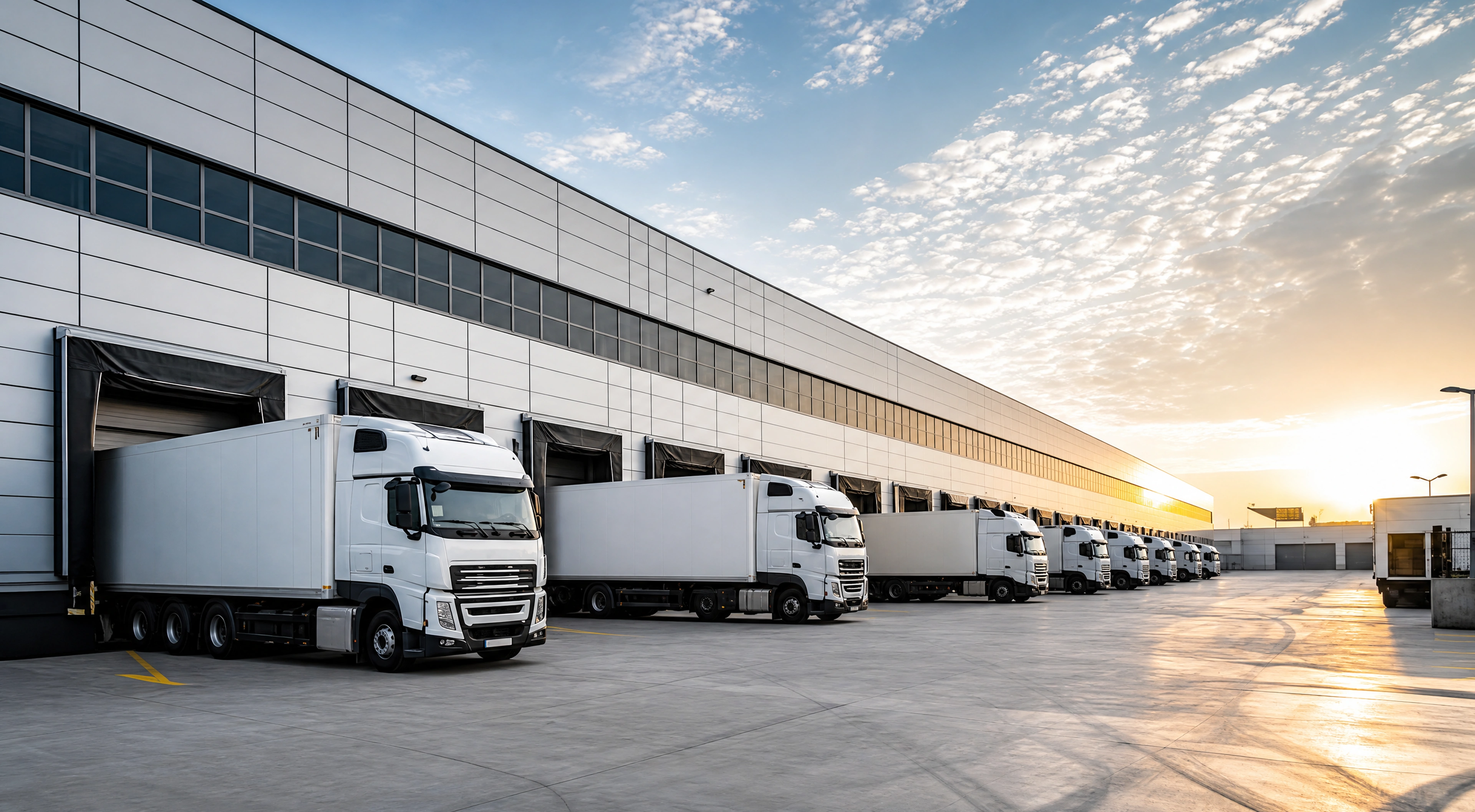 A WINCH depot at golden hour, with a long row of white box trucks backed into the loading docks of a grey warehouse that recedes to the right across a concrete apron, the sun low at the horizon.