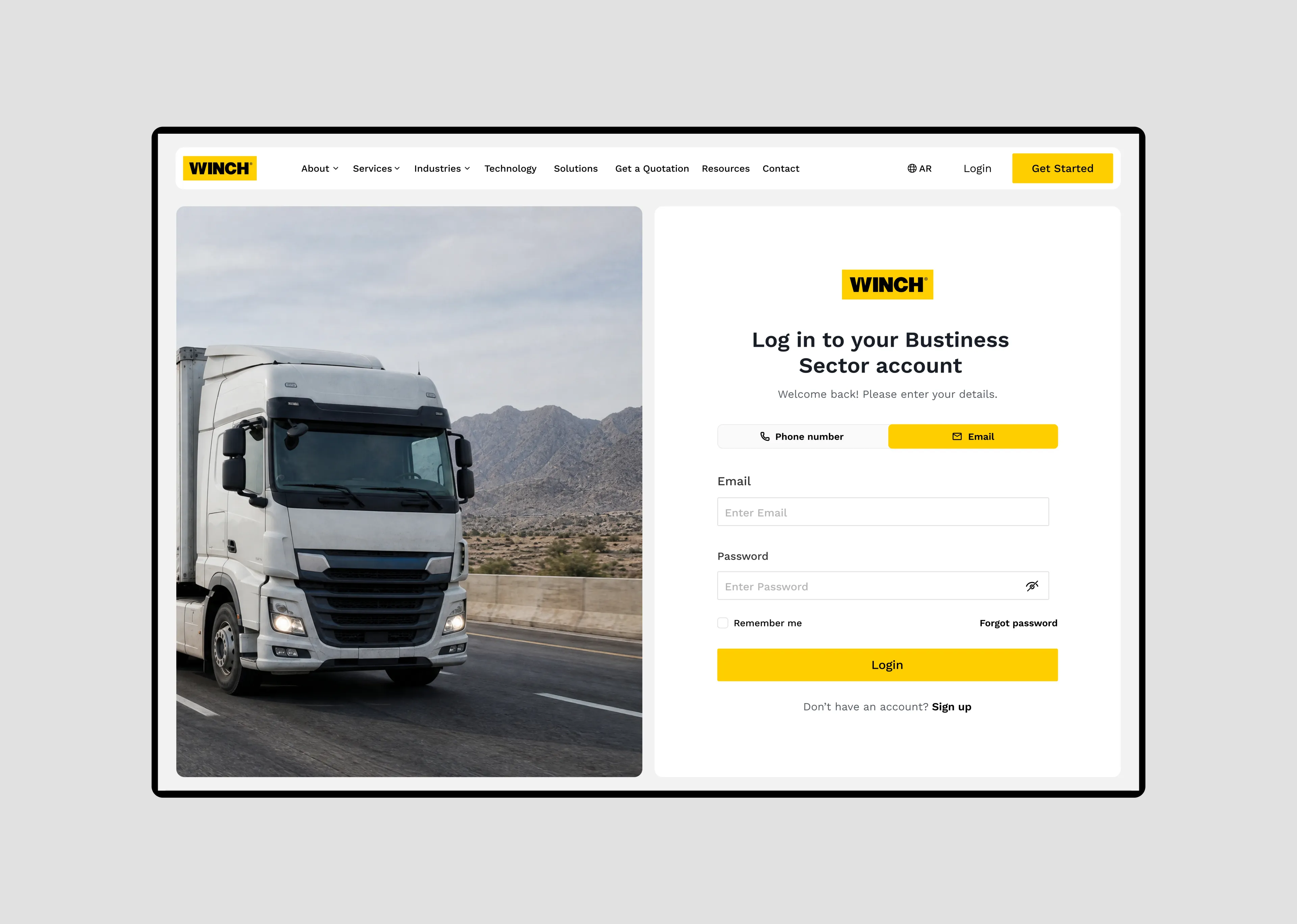 The WINCH website login page in a browser frame, with a yellow navigation bar above a photograph of a white truck on the left and a sign-in panel on the right holding a phone and email toggle, email and password fields, a remember-me checkbox and a yellow Login button.
