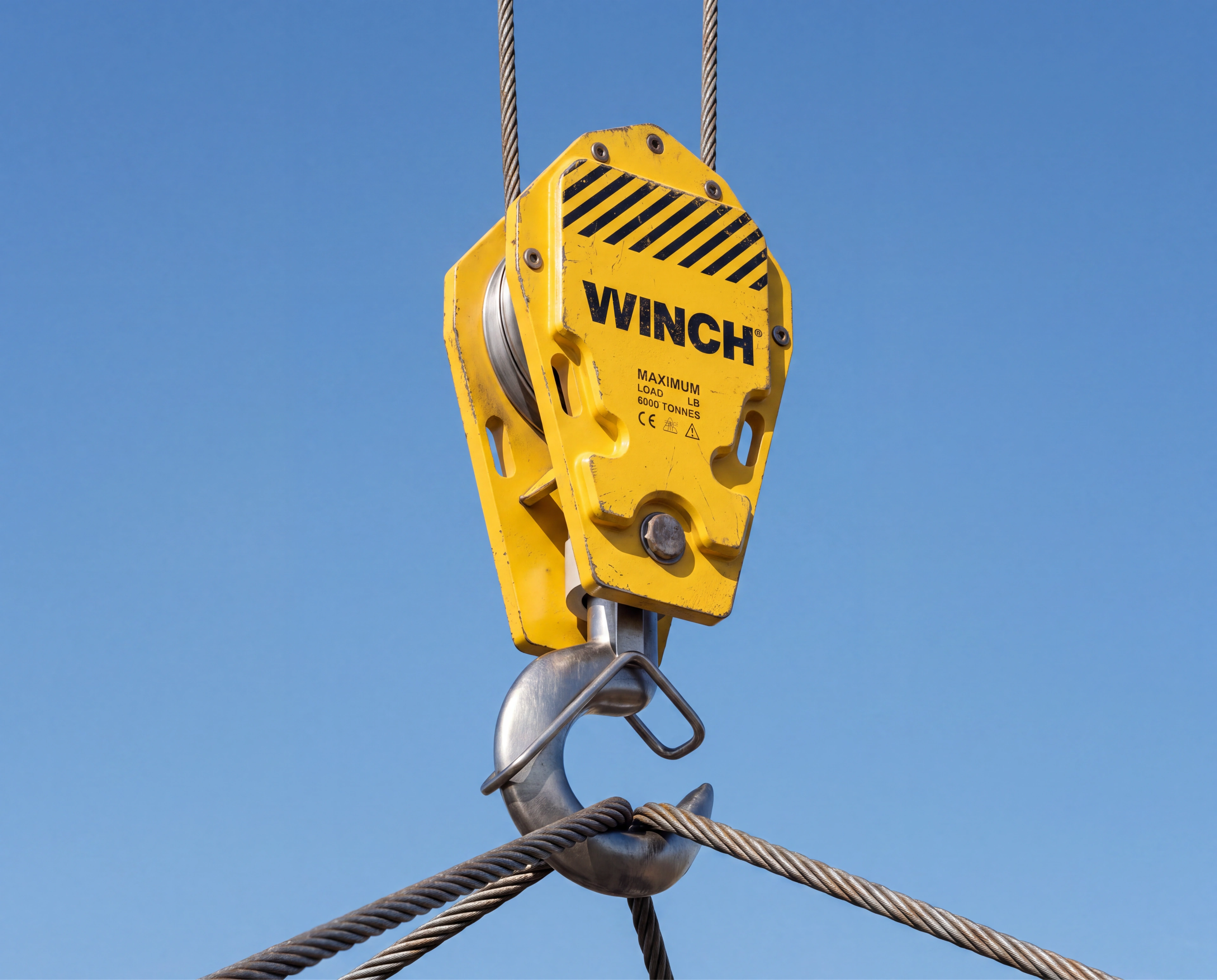 A yellow industrial winch hook block with hazard striping and a steel hook, hanging on cables against a clear deep blue sky, its body carrying the WINCH wordmark and a maximum-load plate.