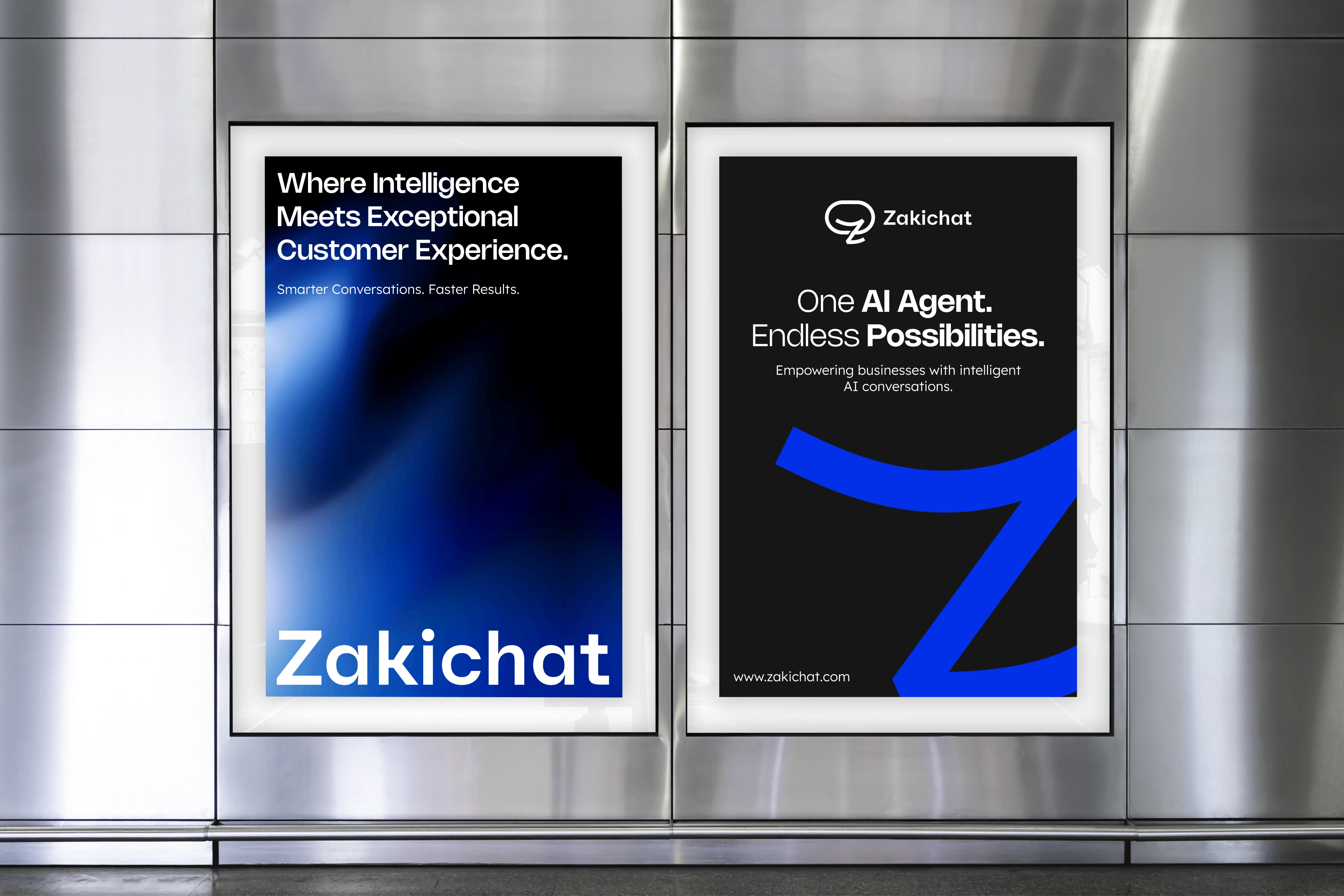 Two backlit posters mounted side by side on a brushed-metal panelled interior wall, the left one blooming from black into a blue gradient behind a large white Zakichat wordmark and the right one near-black with a small lockup and an oversized electric-blue Z.