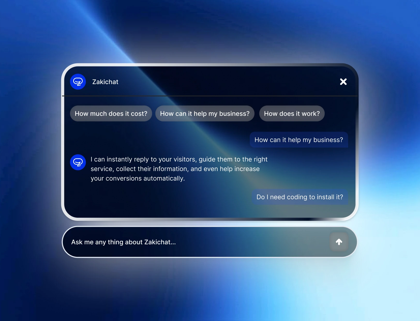 A floating dark glass Zakichat chat panel on a blue light-streak gradient, framed for small screens, showing the header with a close button, three suggested-question chips, user and agent message bubbles, and a detached composer pill with a circular send button.
