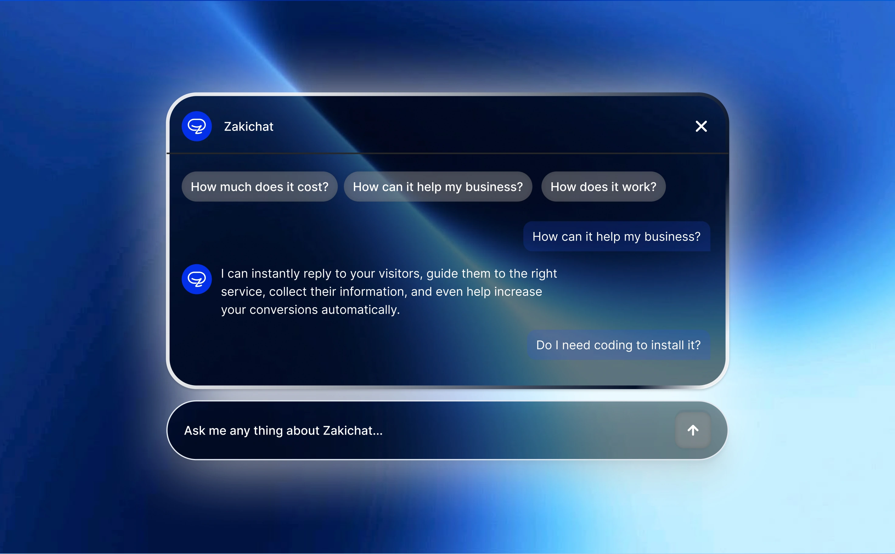 A floating dark glass Zakichat chat panel on a blue light-streak gradient, framed for tablet, showing the header with a close button, three suggested-question chips, user and agent message bubbles, and a detached composer pill reading Ask me any thing about Zakichat with a circular send button.