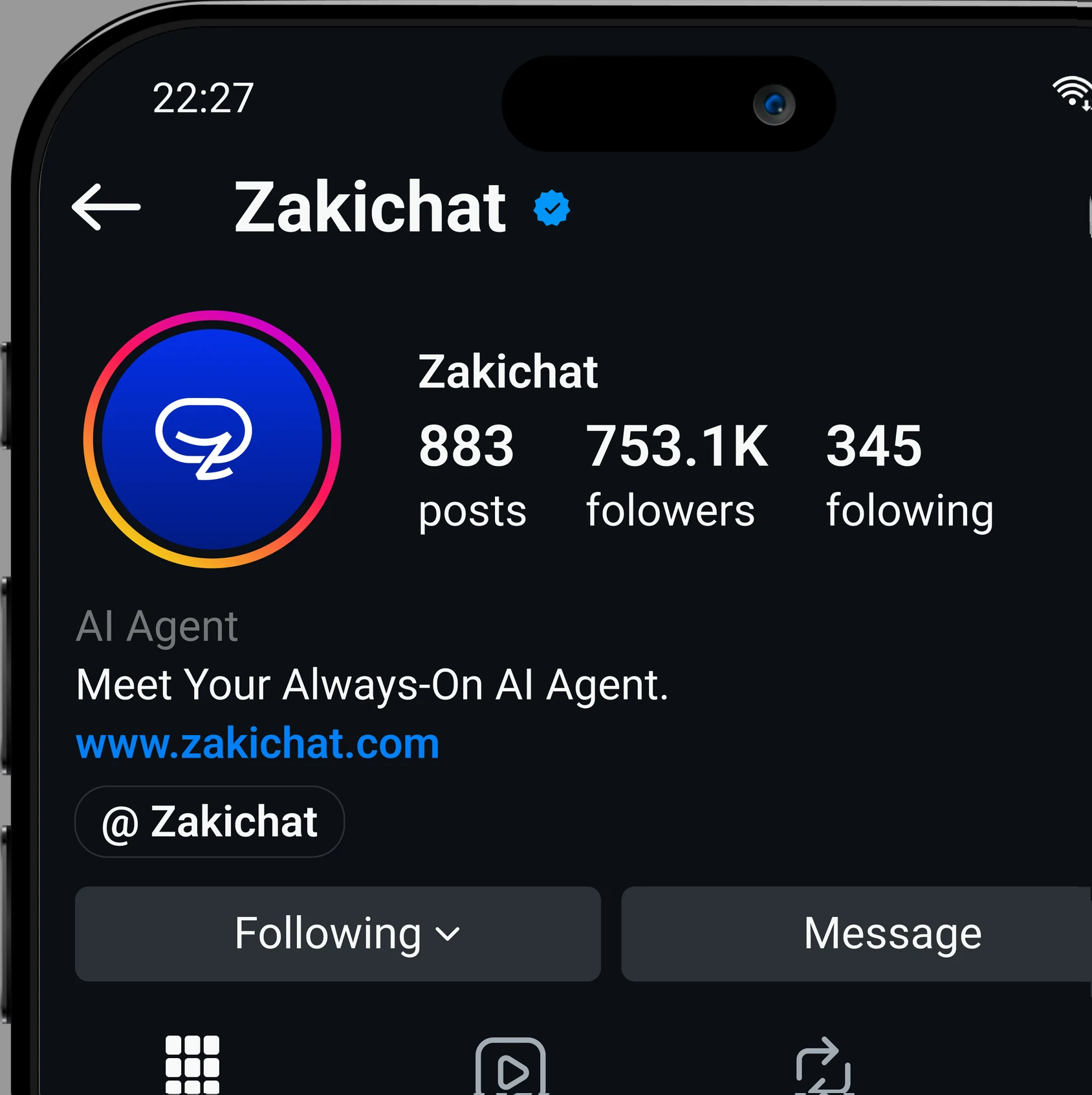 A dark phone showing the Zakichat Instagram profile with a gradient-ring avatar, 883 posts, 753.1K followers and 345 following, the bio Meet Your Always-On AI Agent, the www.zakichat.com link and Following and Message buttons.