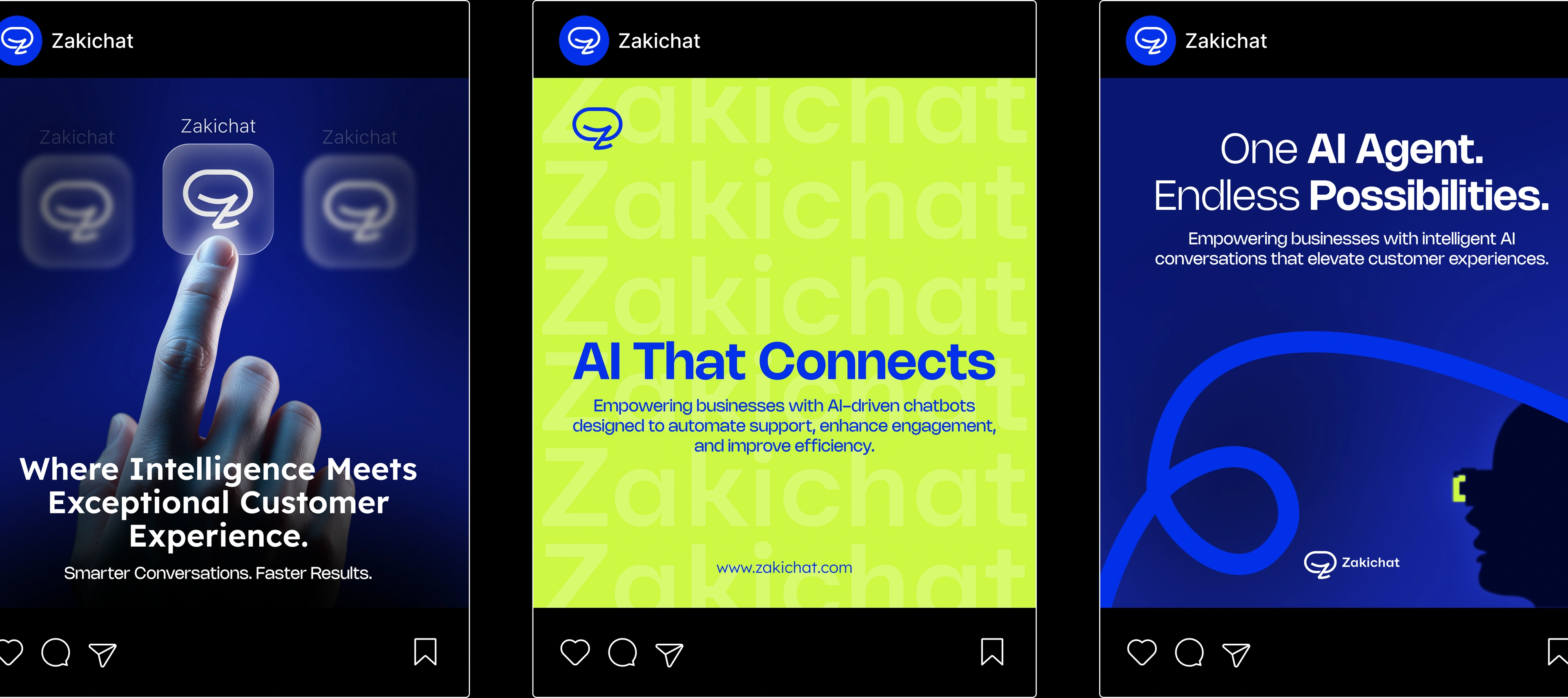 Three Zakichat Instagram post cards in a row — a finger touching glowing app icons on blue, a fluorescent-yellow AI That Connects card, and a blue One AI Agent. Endless Possibilities. card with a silhouetted profile — each with its own avatar header and action bar.