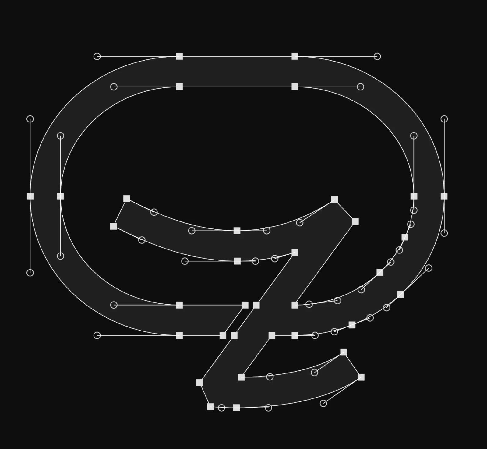 The Zakichat speech-bubble Z mark drawn as a white wireframe with bezier anchor points, control handles and measurement guides, horizontally compressed as the design draws it, on a near-black panel.