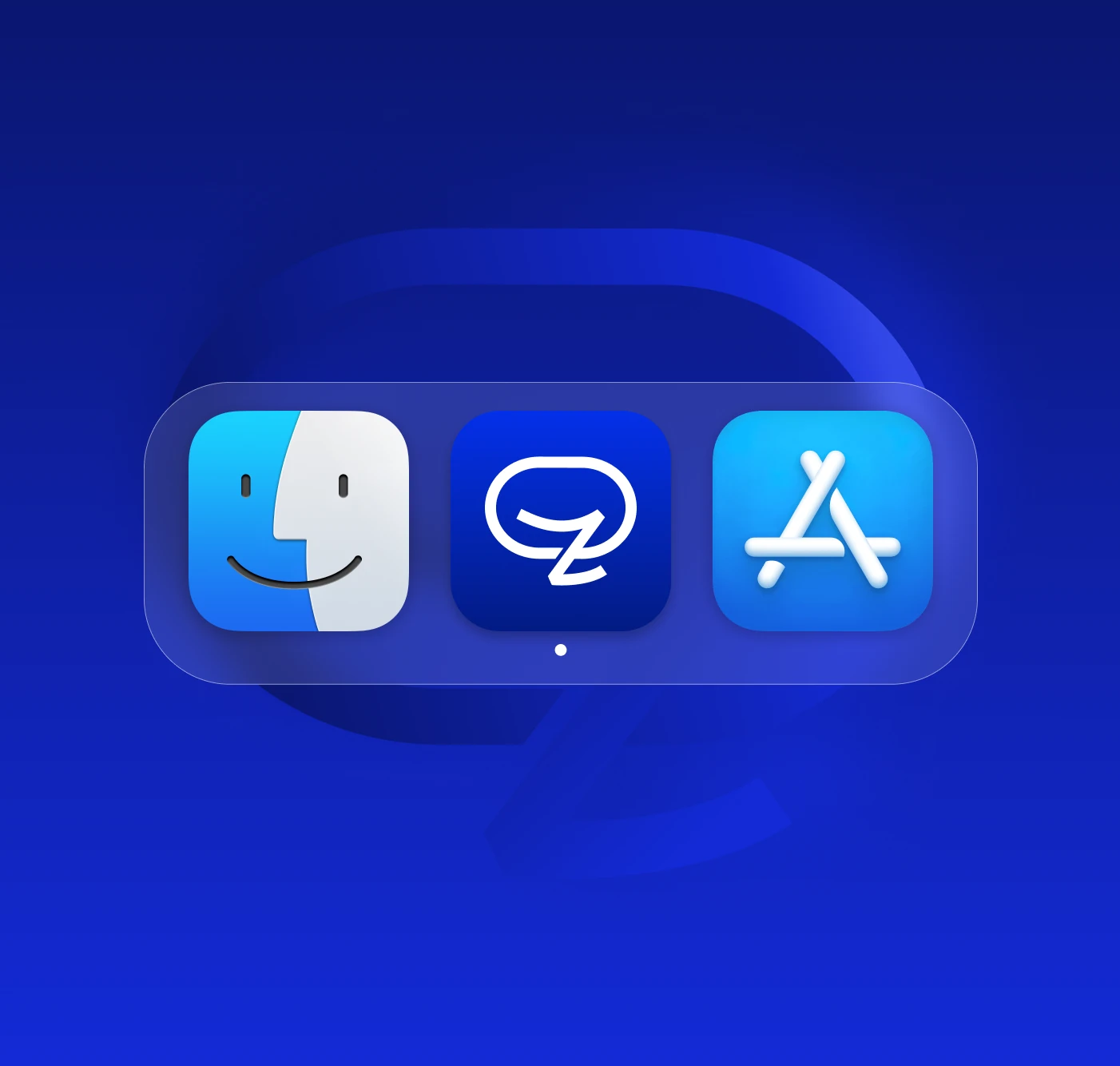 A frosted-glass macOS dock holding the Finder, Zakichat and App Store icons with a running-app dot, framed for desktop, floating on a deep blue ground over an oversized ghosted mark whose lower swoosh sweeps out beneath the dock.