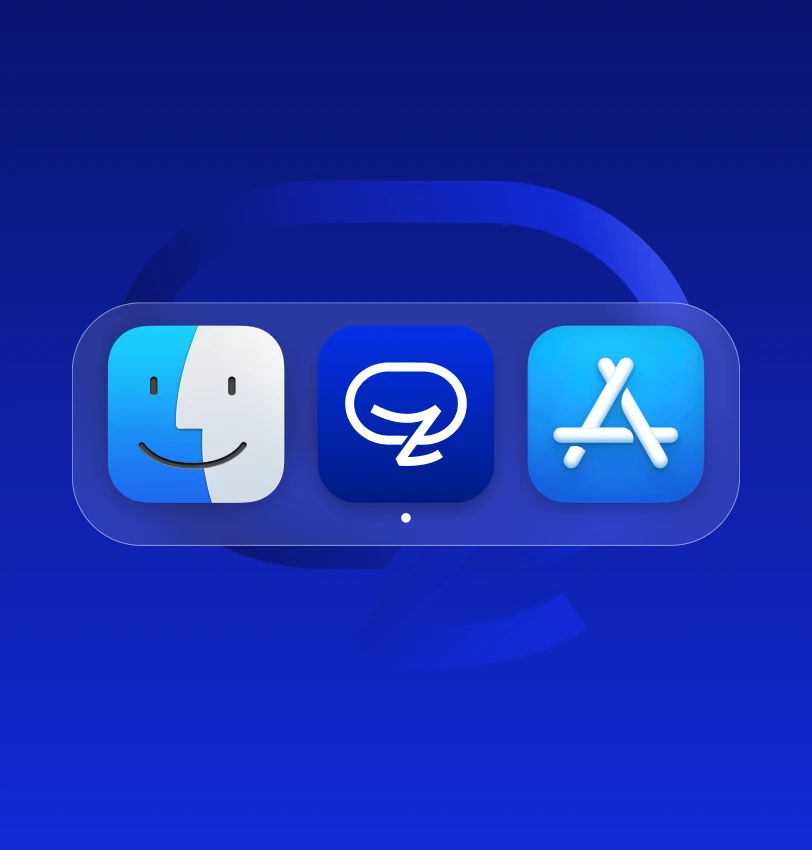 A frosted-glass macOS dock holding the Finder, Zakichat and App Store icons with a running-app dot, framed for small screens, floating on a deep blue ground over an oversized ghosted mark.