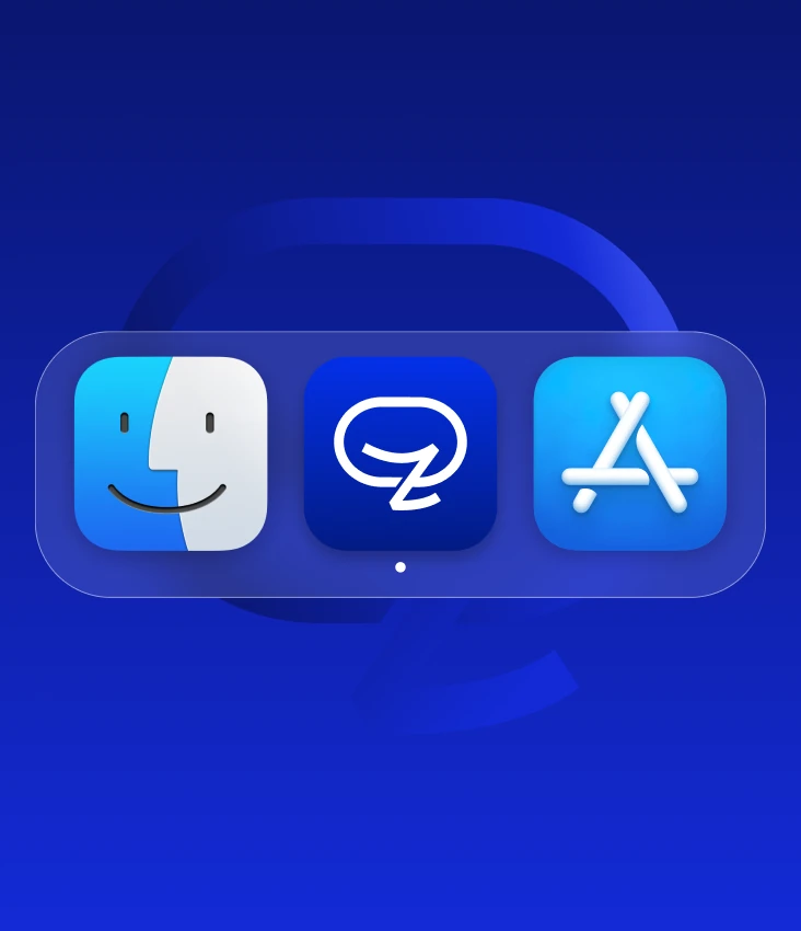 A frosted-glass macOS dock holding the Finder, Zakichat and App Store icons with a running-app dot, framed for tablet, floating on a deep blue ground over an oversized ghosted mark.