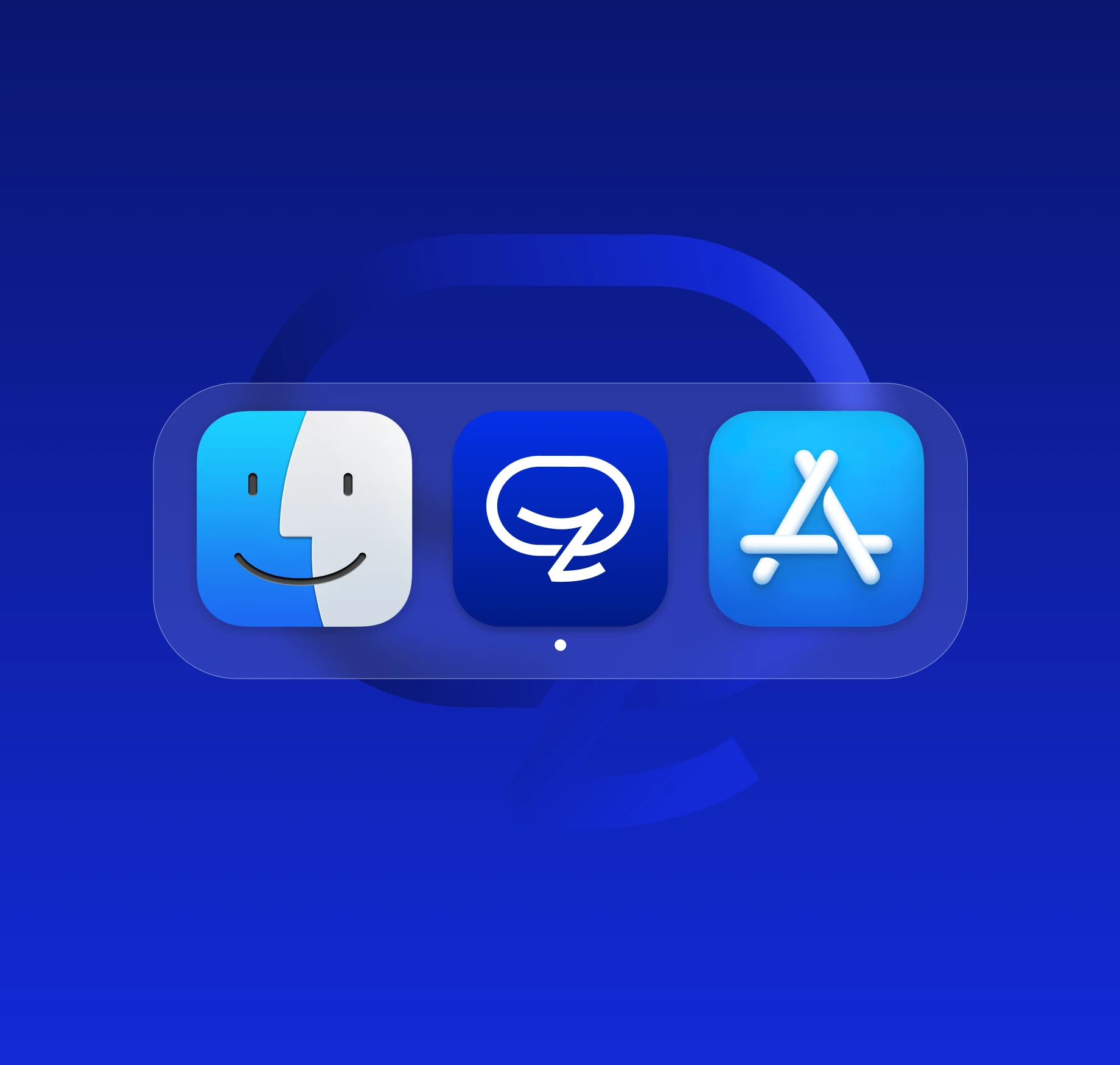 A frosted-glass macOS dock holding the Finder, Zakichat and App Store icons with a running-app dot, floating on a deep blue ground over an oversized ghosted mark.