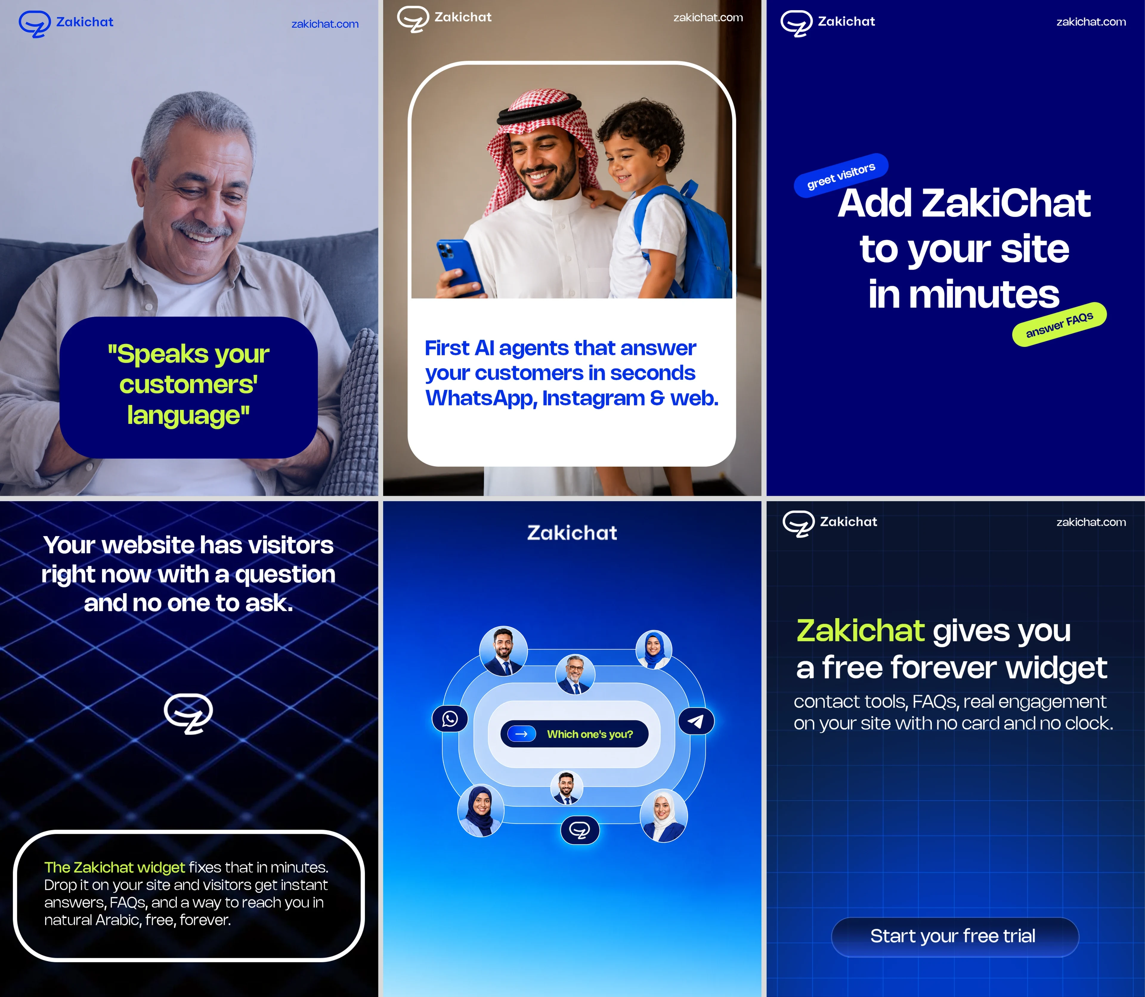 Six Zakichat social ad creatives as a three-by-two grid, each carrying the lockup and zakichat.com. Row one: a smiling older man behind the quote Speaks your customers' language, a father and son with a phone under the line First AI agents that answer your customers in seconds, and a blue Add ZakiChat to your site in minutes tile with greet visitors and answer FAQs pills. Row two: Your website has visitors right now with a question and no one to ask, a widget diagram ringed with customer avatars, and Zakichat gives you a free forever widget.