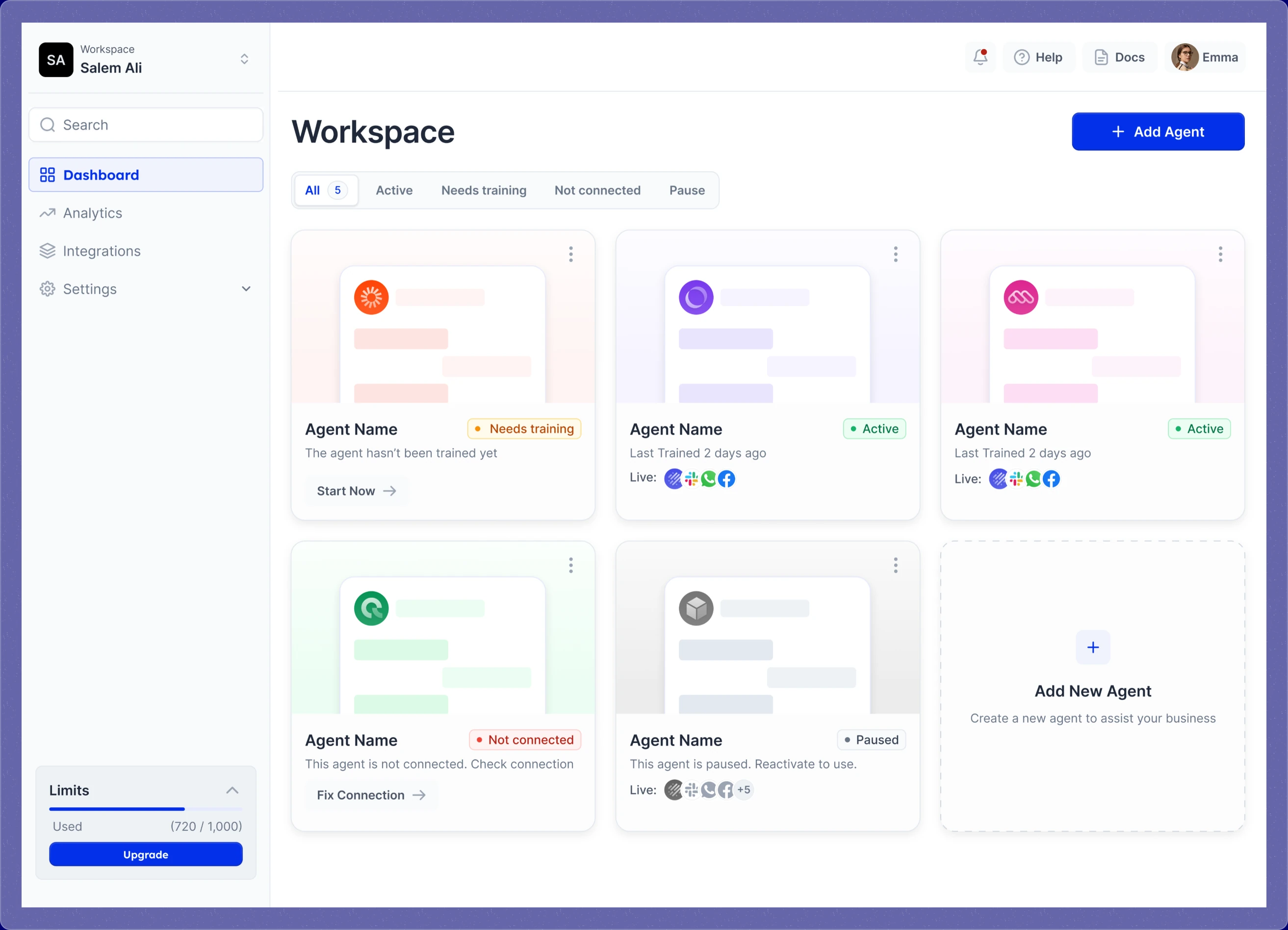 The Zakichat Workspace dashboard as a bare application window on a periwinkle plate, with a sidebar reading Dashboard, Analytics, Integrations and Settings, a Limits meter showing 720 of 1,000 credits used with an Upgrade button, filter chips and a grid of agent cards.